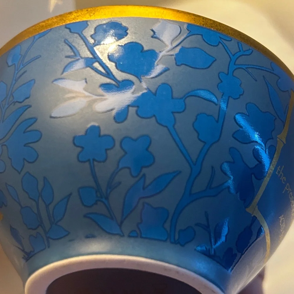 DaySpring Scripture Verse Tea Cup and saucer. Verse- Acts 3:19 KJV Blue & Gold